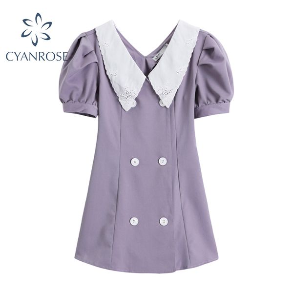 Summer Puff de Manga Curta Colheita Dress Mulheres Roxo Vintage Double Double Breasted Sweet Frocks Feminino Elegante Peter Pan Collar Vestidos 210417