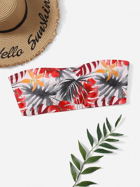 

plus plant print bandeau bikini x2iz#, Black