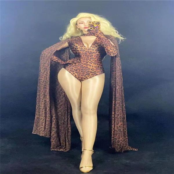 

party decoration h127 singer dance club jumpsuit costume catwalk high elastic stretched prom tight long sleeves siamese leopard cloak
