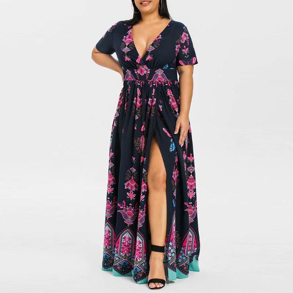 

plus size dresses women summer dress female v neck short sleeve floral print high split boho waist maxi long, Black