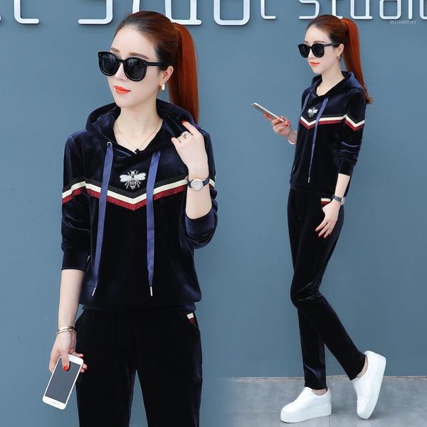 

autumn velvet two piece set women tracksuit stripe patchwork zip hoodies sweatshirt + pants suit female sportswear 2pcs outfits women's, White
