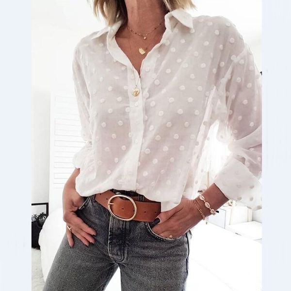 

women's knits & tees white polka dot blouse shirt women spring long sleeve perspective female button down comfy turn collar u