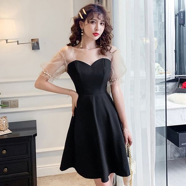 

summer dress women black beading pearls v-k mesh patchwork dress elegant vintage robe femme size party dress 210514, Black;gray