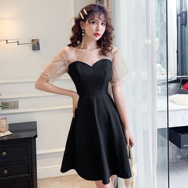 Sommer Kleid Frauen Schwarz Perlen Perlen V-k Mesh Patchwork Kleid Elegante Vintage Robe Femme Größe Party Kleid 210514