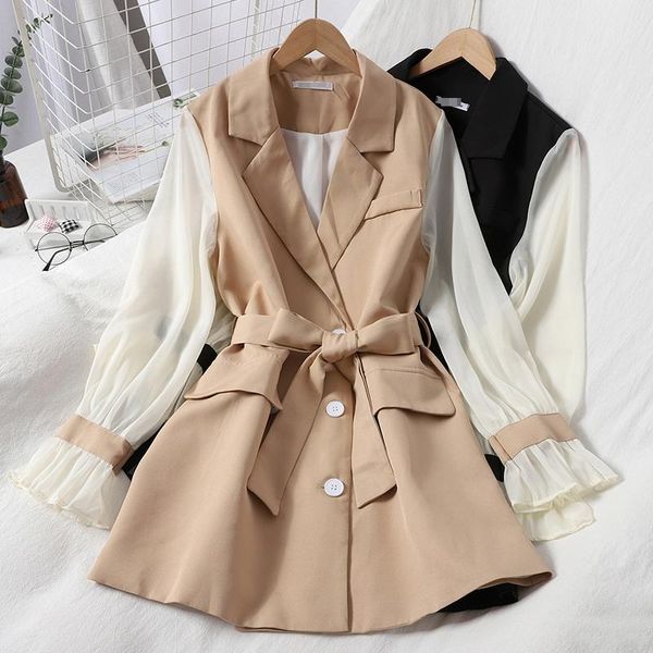 

casual dresses neploe women dress autumn 2021 fashion patchwork chiffon long sleeve sashes temperament notched collar korean gentleness, Black;gray