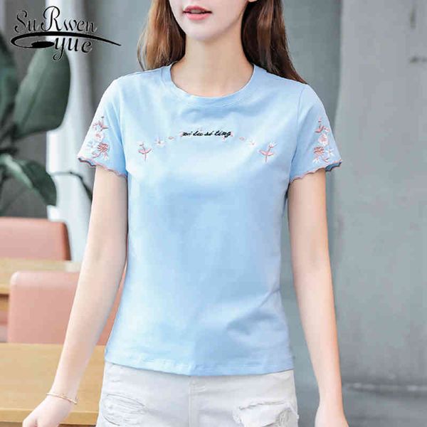 

fashion summer blouse women short sleeve round neck letter floral embroidery pink clothing female plus size 8590 50 210427, White