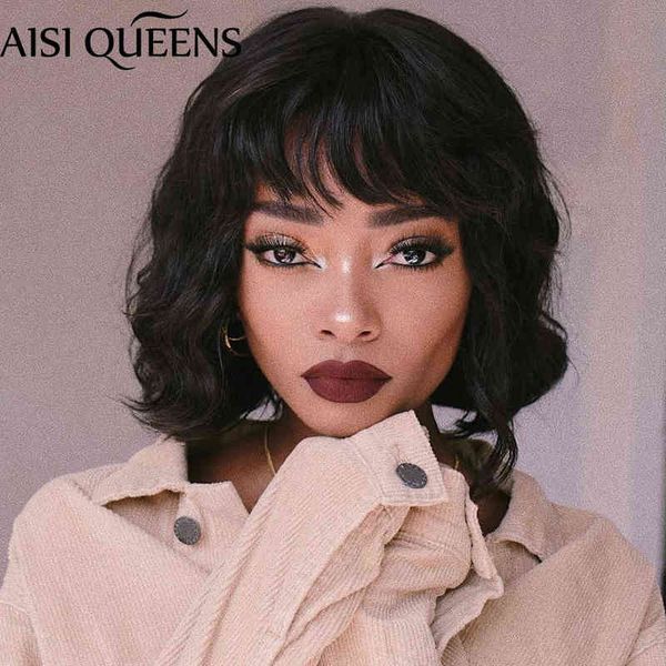 

hair aisi queens short black water wave bob synthetic with bangs for women cosplay brown red blonde purple daily 220301, Black;brown