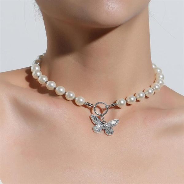 

chokers indie butterfly pendant charms silvery neck y2k jewelry for women antique pearl chain necklace with fairy grunge accessories, Golden;silver