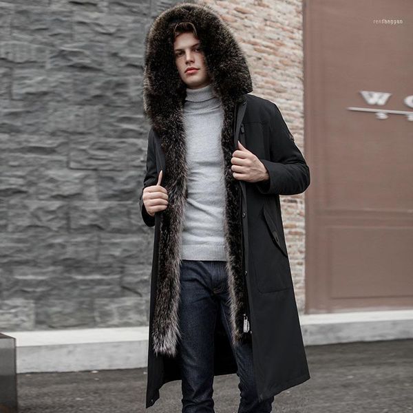 

men's leather & faux sent to overcome male long over-the-knee whole american raccoon bladder hooded true fur coat thick fur1, Black