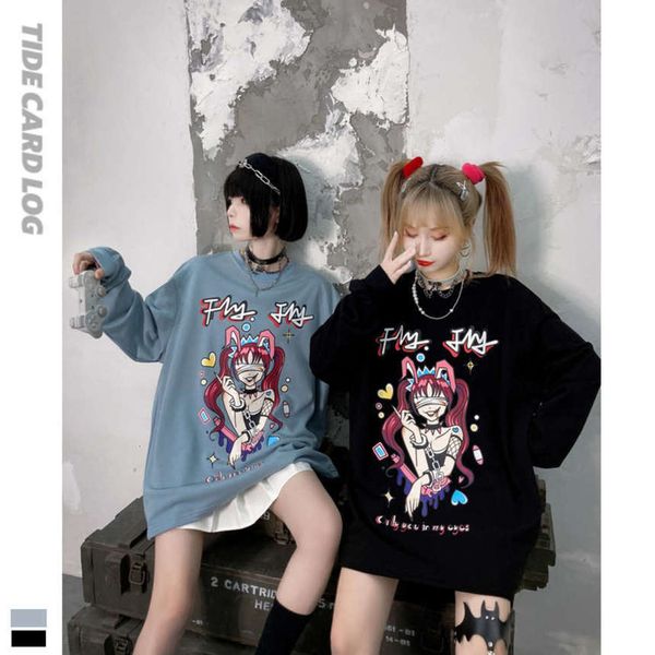 

autumn winter round neck pullover loose long sleeve lazy wind two-dimensional sweater animation cartoon printed men's and women's, Black