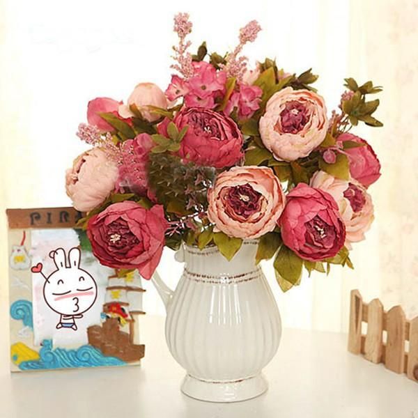 

decorative flowers & wreaths wholesale-1pcs bouquet artificial peony silk fake leaf home wedding party decoration
