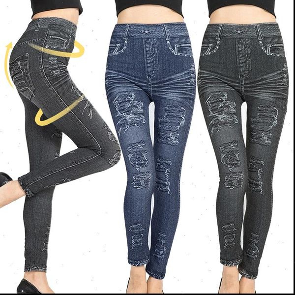 

faux jeans stretchy fitness casual women legging flral print gym long slim pants trousers, Black