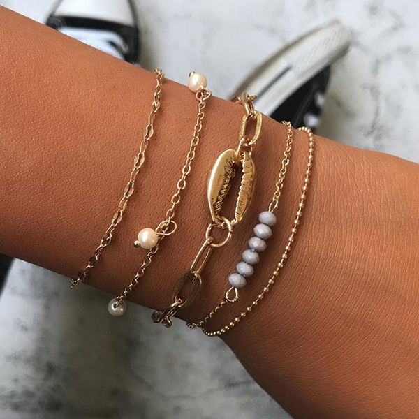 

link, chain doreen box bohemian gold bracelet set shell beads women party 19.5cm(7 5/8") long - 18.5cm(7 2/8") long, 1set ( 5 pcs/, Black