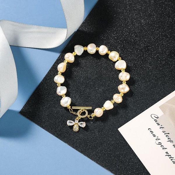 

link, chain kpop fashion luxury natural baroque freshwater pearl bracelet for women zircon bee pendant jewelry friends gifts, Black