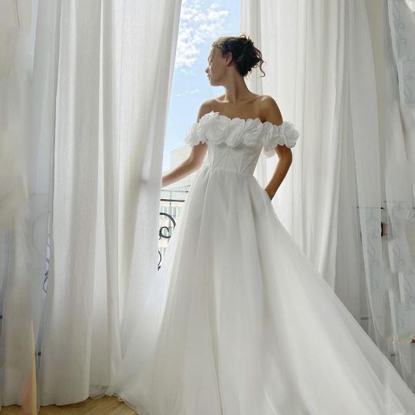 

party dresses 2021 white elegant long prom off the shoulder handmade 3d flowers tulle a-line women formal occasion wedding gowns, White;black