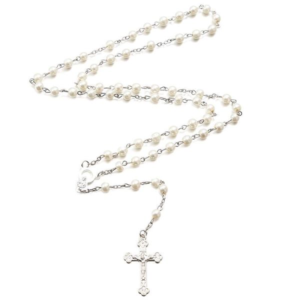 Collane con ciondolo Lega cristiana Croce Rosario Simulazione Collana di perle di perle per donne Uomini Gioielli religiosi cattolici