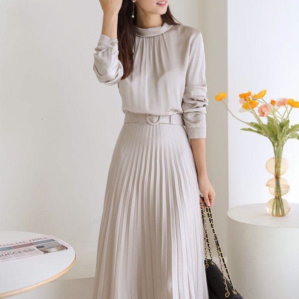 

casual dresses elegant retro women's new solid color o-neck high waist lace-up waist slimming over-the-knee pleated 76nx, Black;gray