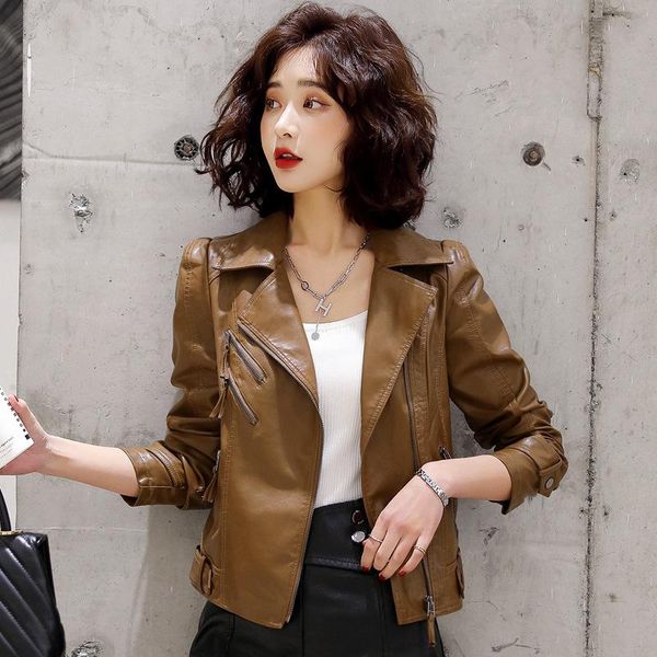 

women's jackets 2021 autumn haining leather short coat korean slim suit collar motorcycle jacket fashion, Black;brown
