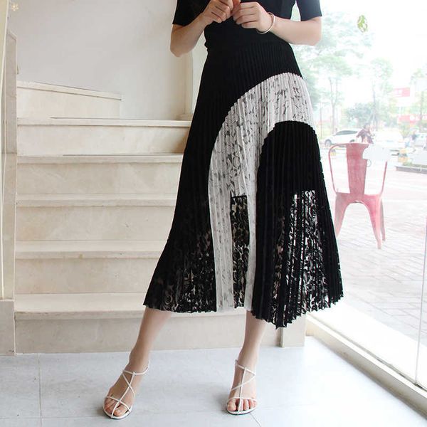 

women lace skirt summer casual stretch irregular pleated mid-calf black a line fashion ladies s 210608