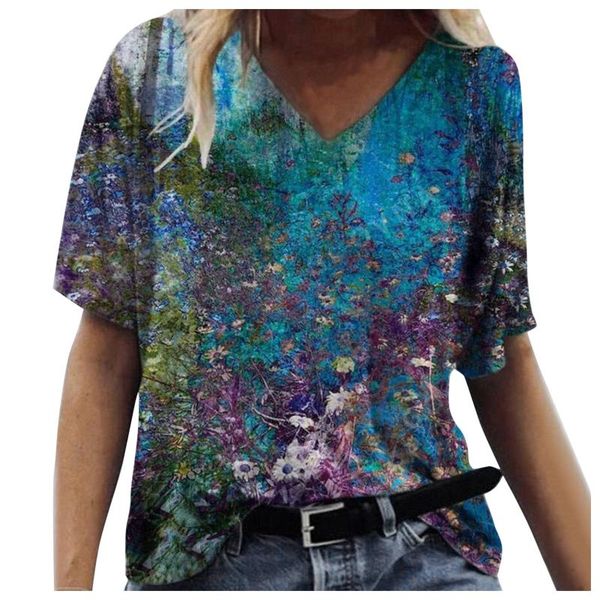 

women's t-shirt women floral landscape print v-neck short-sleeved top, White