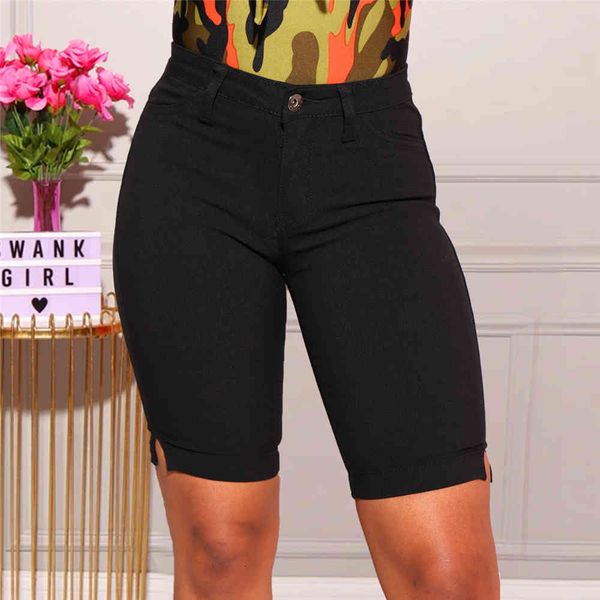 

shorts black high waist straight casual denim women 2021 summer solid color slim knee length lady cotton jeans shorts, White;black