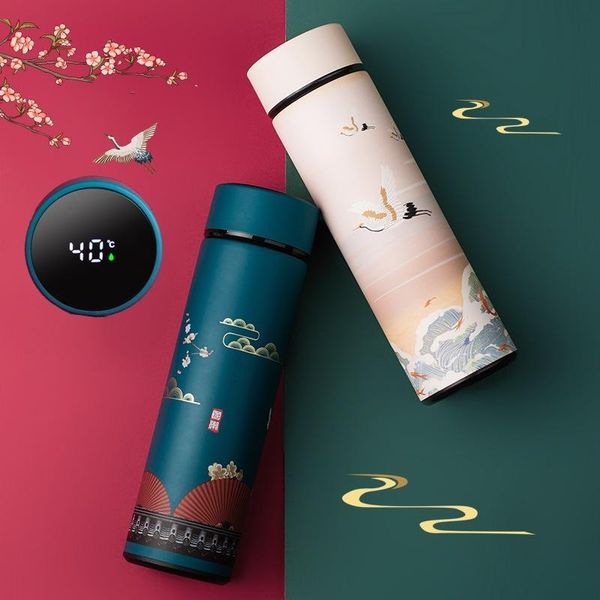 

chinese style ins trendy temperature display insulation cup male lady student national tide illustration art bubble water bottles