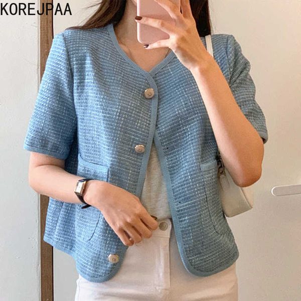 

korejpaa women jacket summer korean chic ladies vintage gentle v-neck buttoned double pocket loose short-sleeved tweed coat 210526, Black;brown