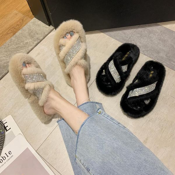 

home slippers women's slides fur shoes flock fashion pantofle low jelly flip flops massage plush luxury 2021 soft flat glitter, Black