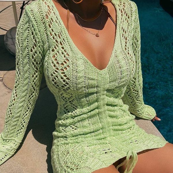 

casual dresses hollow knitted exotic for women 2021 long sleeves bandage loose clothes y2k female outfit drawstring mini dress, Black;gray