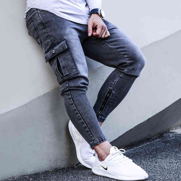 

men's jeans pockets skinny fashion mens dark gray ankle-length jean zipper pencil pants for muscle men yxok, Blue
