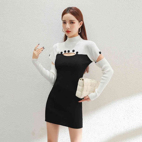 

casual dresses turtleneck button hollow patchwork white black slim elegant high waist stretch knit mini dress women bodycon v, Black;gray