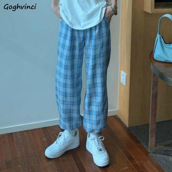 

women's pants & capris women summer blue plaid leisure korean style plus size lovely girls kawaii students harajuku ankle-length trouse, Black;white