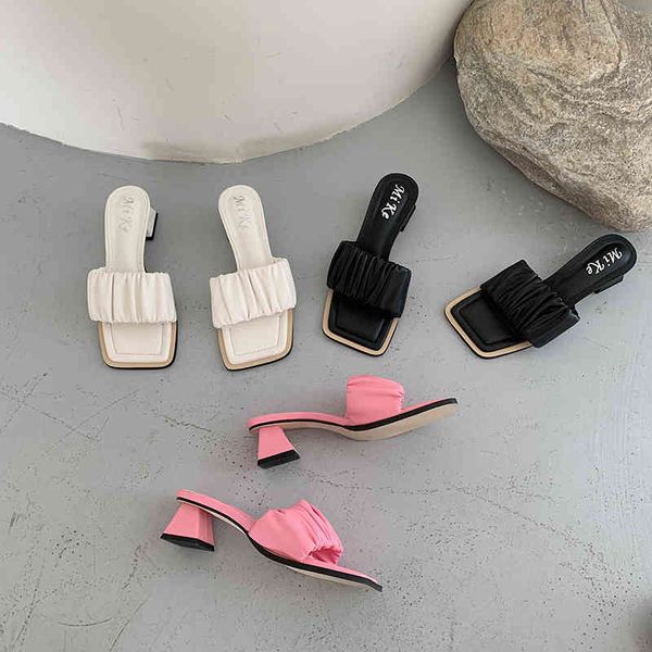 

pink/white/black casual slippers thick mid heels slip on mules shoes solid color fashion slides party pumps fashion summer slide 210513