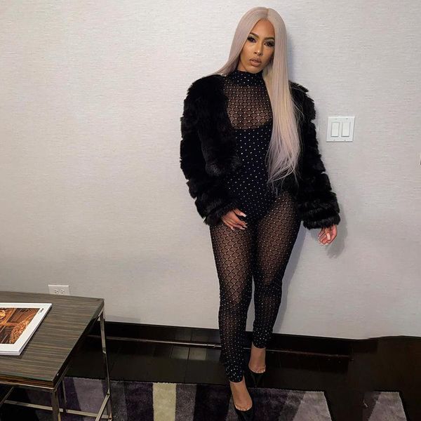 

long sleeve turtleneck sequin mesh zip up skinny jumpsuit autumn winter women streetwear casual hollow out romper women's jumpsuits & r, Black;white