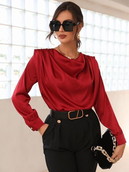 

draped collar shoulder pads satin blouse w28i#, White