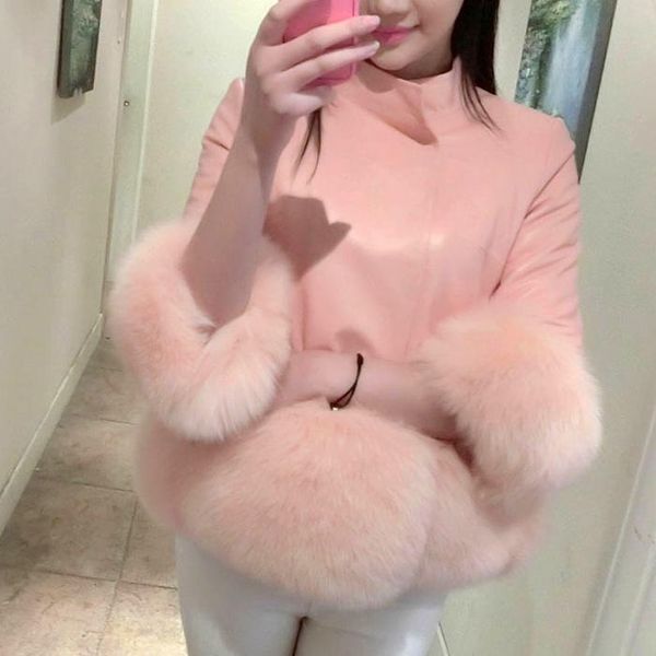 

women's leather & faux gamporl 2021 winter jacket fur fashion pu short coat seven-point sleeve, Black