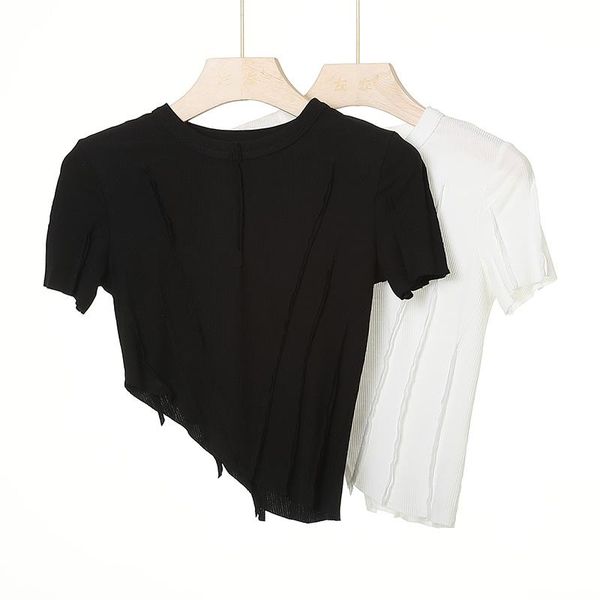 

women's t-shirt bradely michelle 2021 ladies knitted short sleeves, irregular hem and t-shaped edges, White