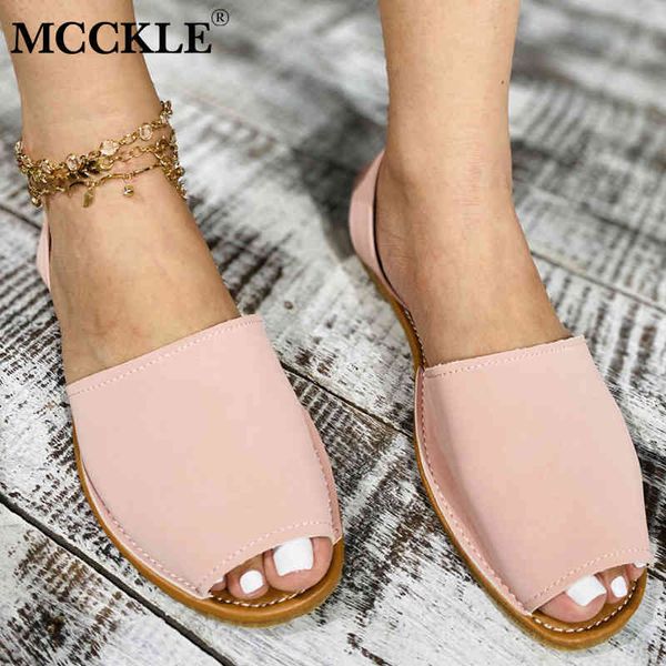 

mcckle summer women sandals flats female casual peep toe shoes pu slip on leisure solid sewing footwear two-piece plus size 2021 k731, Black