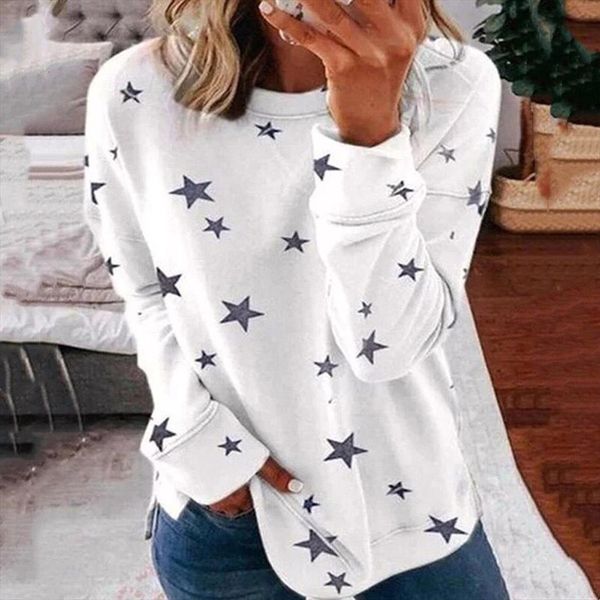 

40 star wave point womens shirt printing o neck long sleeves pullover spring elegant plus size daily shirts, White
