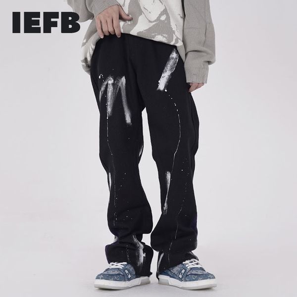 IEFB Pantaloni da uomo in stile streetwear lavati a mano con cuciture a spruzzo e inchiostro a taglio vivo Pantaloni con micro tromba slim jeans alla moda 210524