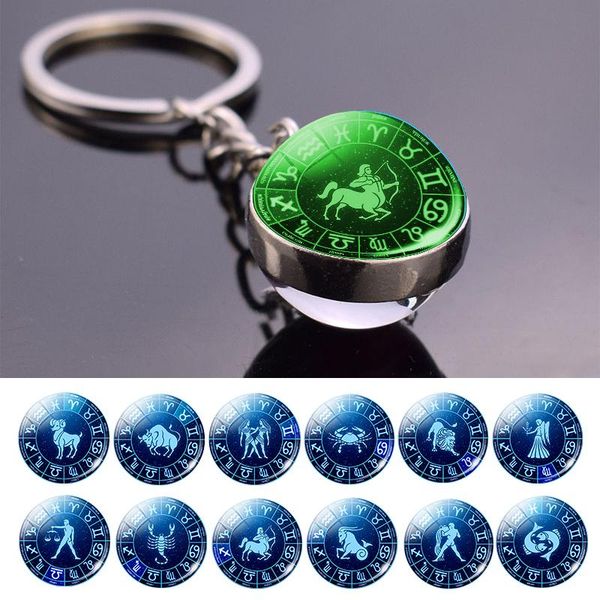 

keychains glow in the dark zodiac sign glass ball keychain 12 constellation key chain holder trinkets men women birthday gift, Silver