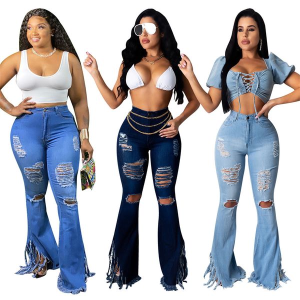 

denim flare jeans women high waist ripped jean wide leg trousers lady casual bell-bottoms tassel pants, Blue