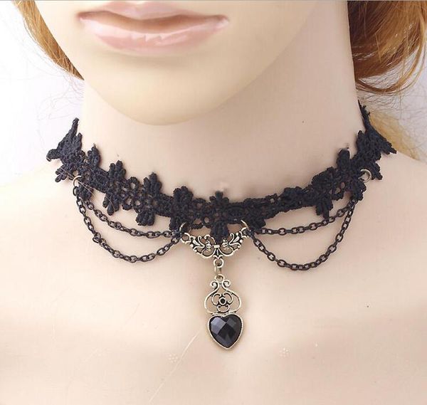 

fashion lace rope chain chokers necklace dangle black crystal heart charms short necklaces & bracelets jewelry, Golden;silver