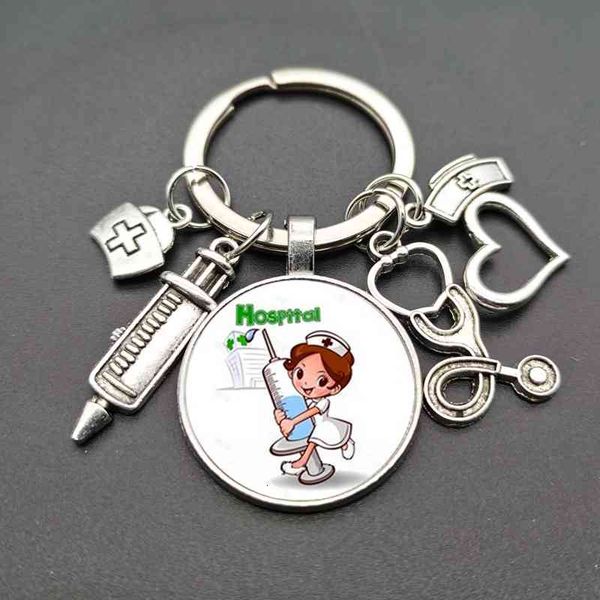 

stethoscope, medical syringe, glass keychain, gift for nurses, Silver