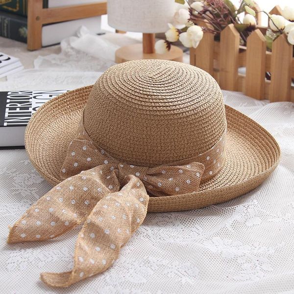 

wide brim hats fashion dot ribbon hat foldable sun small for women straw femme elegant chapeau vrouw stro hoed, Blue;gray
