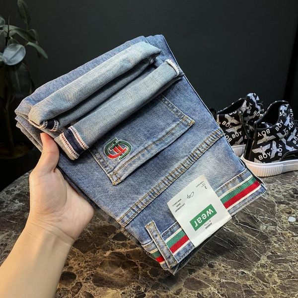 

men's jeans spring men brand short business casual elastic comfort straight denim pants male trousers, Blue