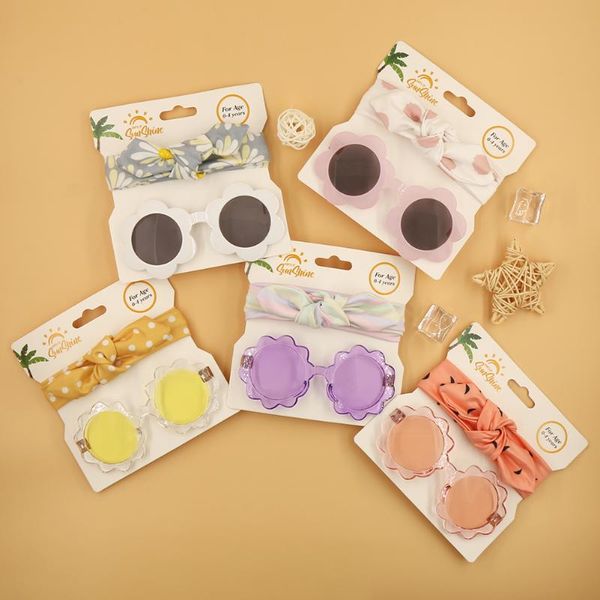 

hair accessories 2pcs/set print fabric baby headband with color flower round sunglassess dot rainbow seaside outdoor headwear bow tie headwr, Slivery;white
