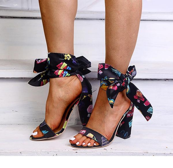

sandals summer 2021 fashion printed ladies sandal with bow decoration tie women's high heels, Black