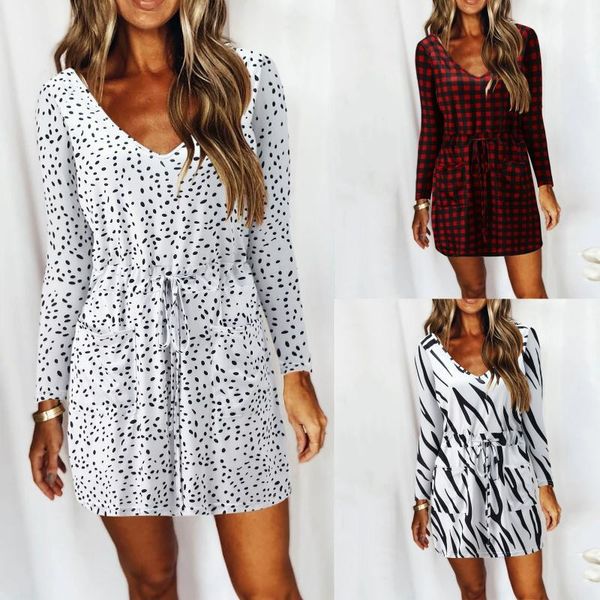

casual dresses dress for women's fashion print v-neck pockets drawstring long sleeve robe femme vestido de mujer y2k roupas femin, Black;gray