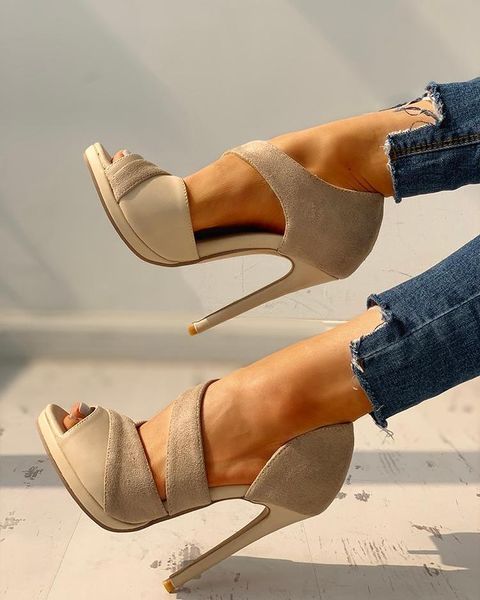

suede peep toe cut out thin heels patchwork party fashion shoes sandals, Black